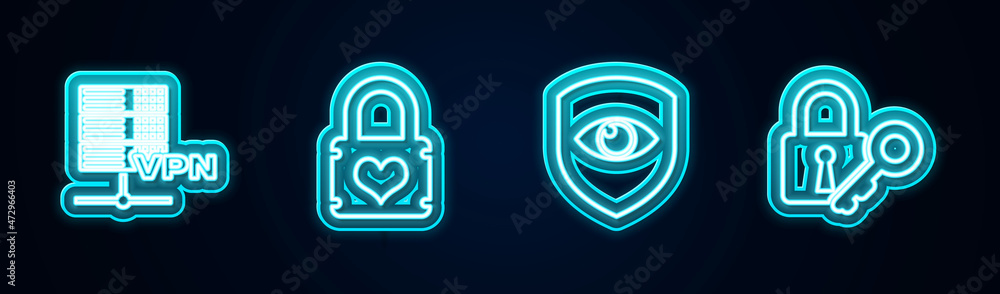 Set line Server VPN, Padlock with heart, Shield and eye and Lock key. Glowing neon icon. Vector Set line Server VPN, Padlock with heart, Shield and eye and Lock key. Glowing neon icon. Vector