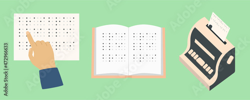 Book with text in braille. Typewriter for the blind. The human hand reads braille. Braille set.