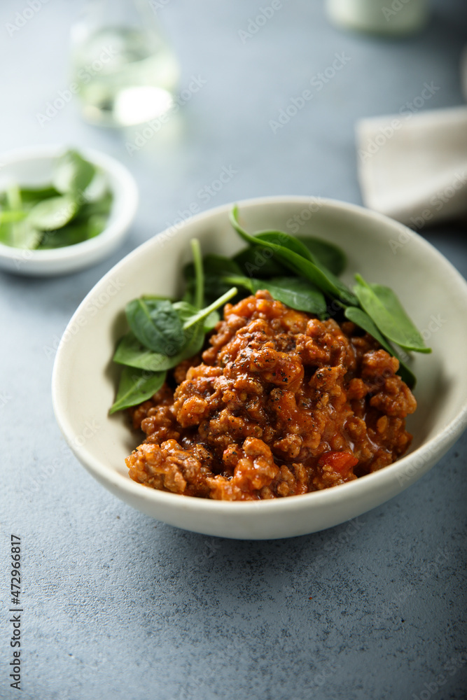 Homemade minced beef ragout with spinach Homemade minced beef ragout with spinach