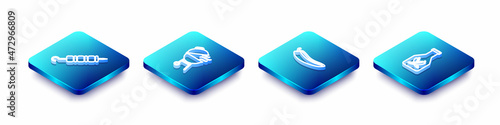 Set Isometric line Grilled shish kebab, Barbecue grill, Hot chili pepper pod and Ketchup bottle icon. Vector