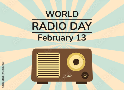 Retro banner World radio day. Vintage radio concept.