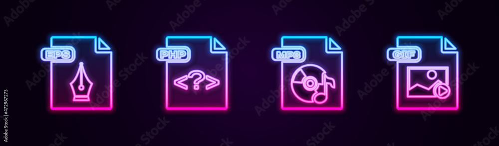 Set line EPS file document, PHP, MP3 and GIF. Glowing neon icon. Vector Set line EPS file document, PHP, MP3 and GIF. Glowing neon icon. Vector