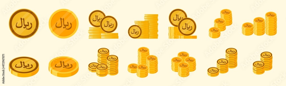 Saudi Riyal Coin Icon Set - obrazy, fototapety, plakaty 