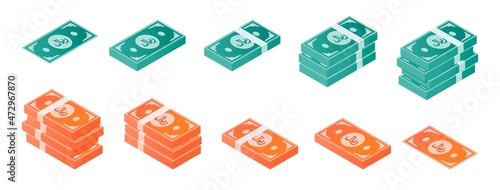 Saudi Riyal Banknote Isometric Icon Set