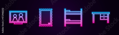 Set line Picture frame on table, , Bunk bed and Office desk. Glowing neon icon. Vector