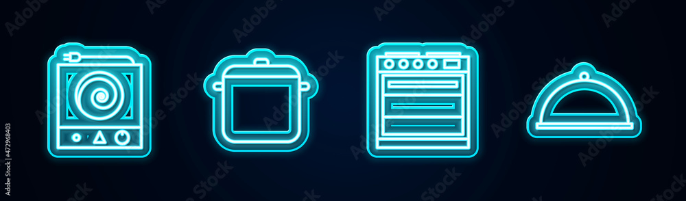 Set line Electric stove, Cooking pot, Oven and Covered with tray. Glowing neon icon. Vector Set line Electric stove, Cooking pot, Oven and Covered with tray. Glowing neon icon. Vector