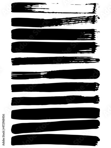 Black paint brush strokes, dirty inked grunge art brushes. Dirty ink texture splatters. Grunge rectangle text boxes
