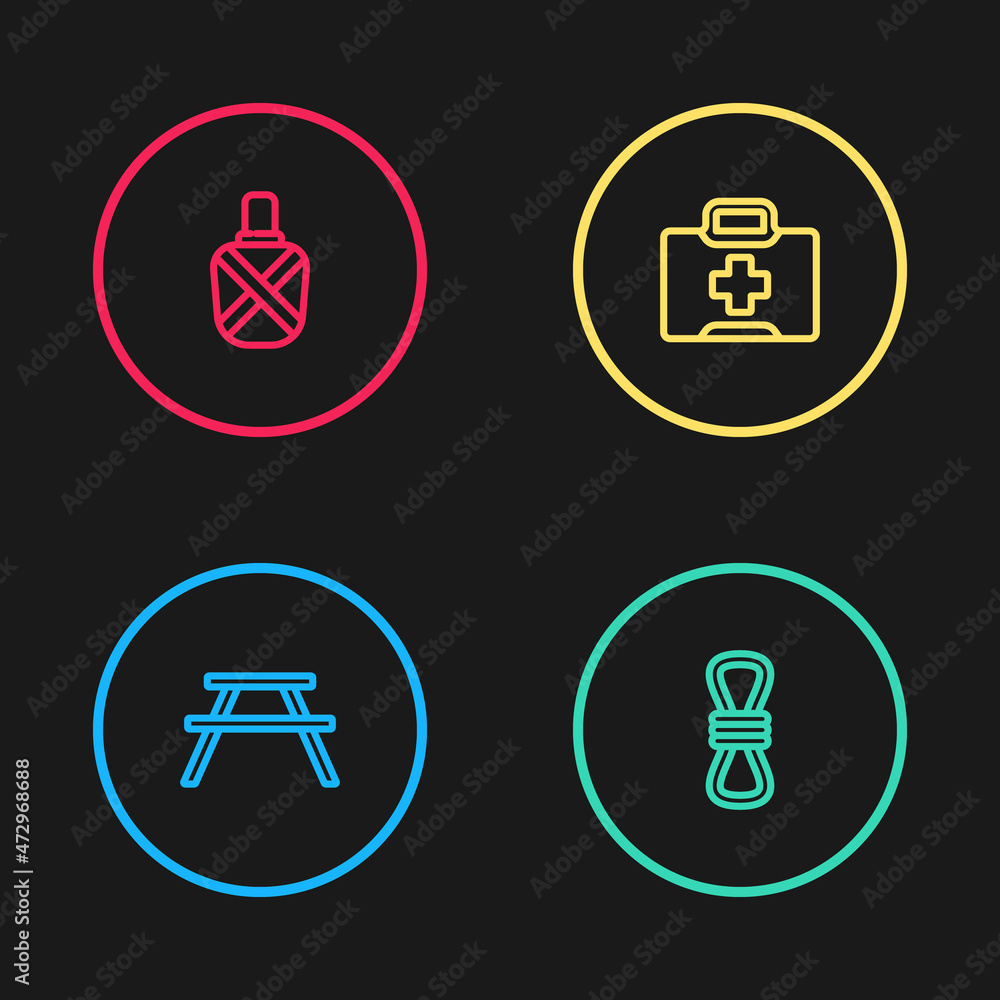 Set line Picnic table with benches, Climber rope, First aid kit and Canteen water bottle icon. Vector Set line Picnic table with benches, Climber rope, First aid kit and Canteen water bottle icon. Vector