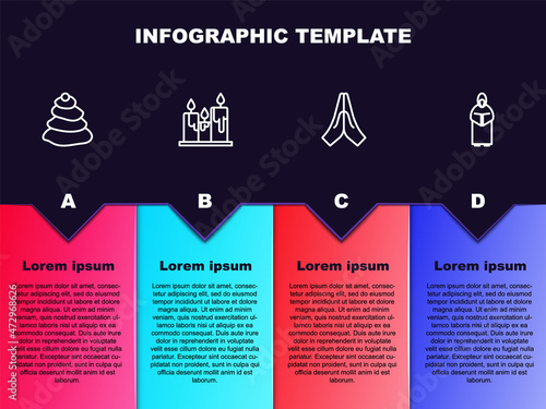 Set line Stack hot stones, Burning candles, Hands praying position and Monk. Business infographic template. Vector