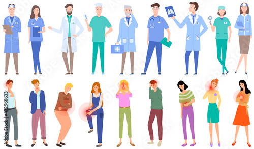 Sad people suffering from severe pain. Painful sensations of sick characters. Medical specialists treating various diseases. Doctors and patients with sore body parts isolated on white background