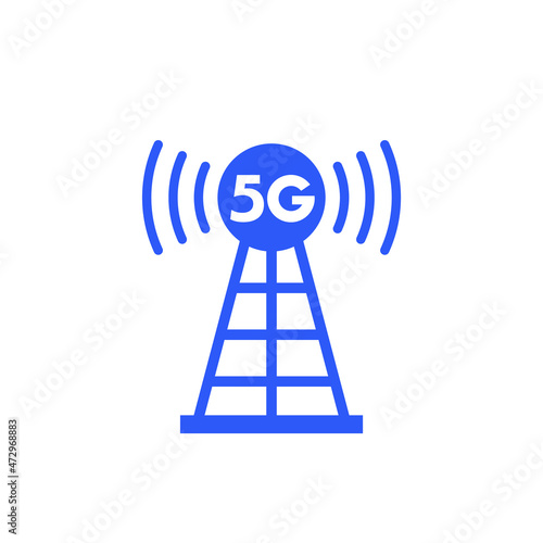 5G antenna tower, transmitter icon on white