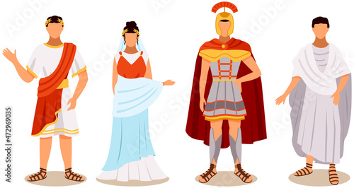 Citizens of ancient rome in traditional costumes set, legionary, roman woman, plebeian, emperor flat vector illustration. Ancient historical characters wearing in authentic clothes cartoon rome people
