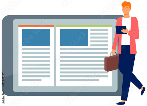 Businessman with gadget use technologies to communicate. Male character in suit holding tablet walking with briefcase. Internet and network in device. Pastime in social networks. Internet addiction