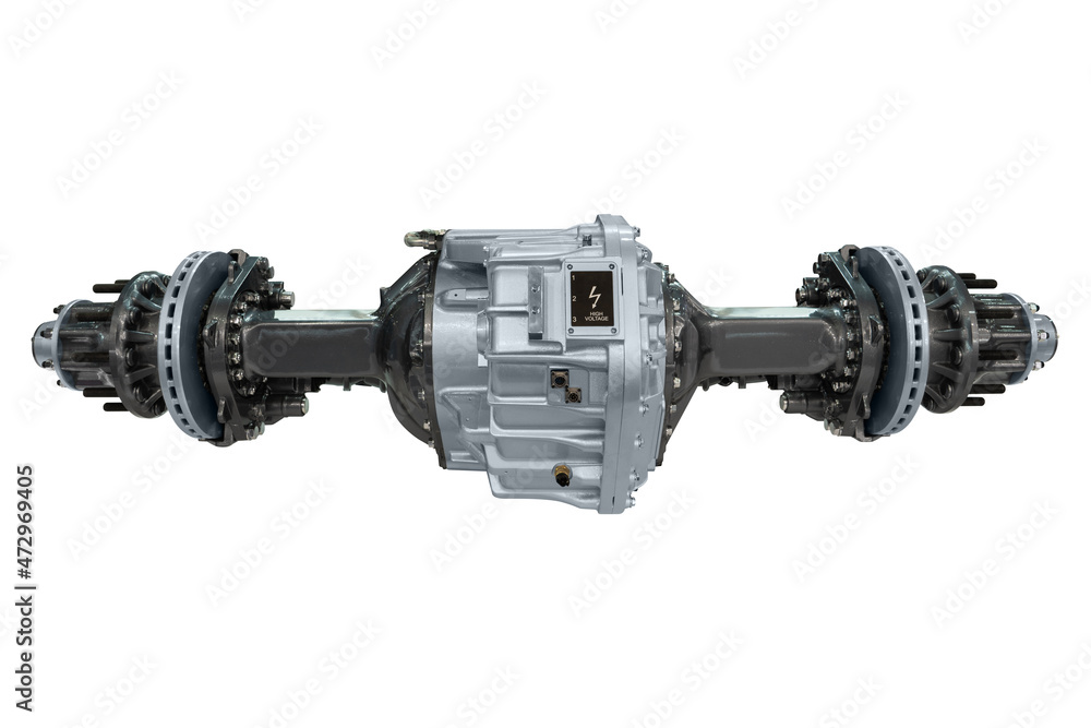 Axle with electric motor and transmission for a electric bus or truck. Isolated on white background Axle with electric motor and transmission for a electric bus or truck. Isolated on white background