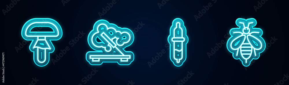 Set line Mushroom, Scented spa stick, Pipette and Bee. Glowing neon icon. Vector Set line Mushroom, Scented spa stick, Pipette and Bee. Glowing neon icon. Vector