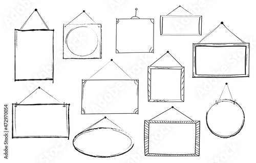 Hand drawn set of open and closed door sign frame and borders. Doodle sketch style. Shop door or window open label template. Cut out isolated vector illustration for your banner design. Pen brush