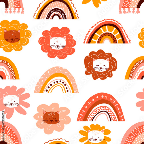 Rainbow seamless pattern. Boho style with lines, dots, fringed. Cute cats - flowers. Abstract Vector background. Childish print