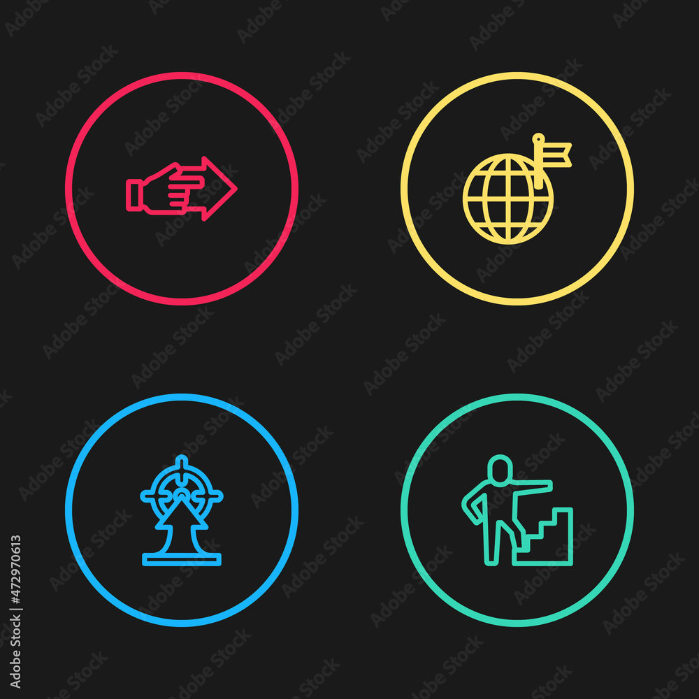 Set line Target, Stair with finish flag, Planet and Hand pointing finger icon. Vector