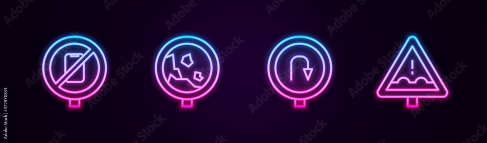 Set line No cell phone, Road warning rockfall, Turn back road sign and Uneven ahead. Glowing neon icon. Vector Set line No cell phone, Road warning rockfall, Turn back road sign and Uneven ahead. Glowing neon icon. Vector
