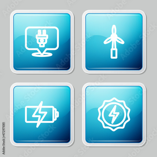Set line Electric plug, Wind turbine, Battery and Lightning bolt icon. Vector