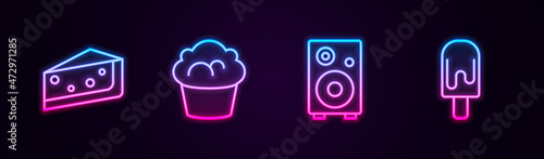 Set line Piece of cake, Muffin, Stereo speaker and Ice cream. Glowing neon icon. Vector