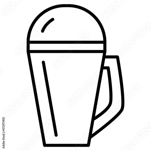 Thermocup for hot drinks. Thermos for temperature storage. Convenient tableware for eating and drinking on the journey. Portable closed mug. Vector icon, outline, isolated