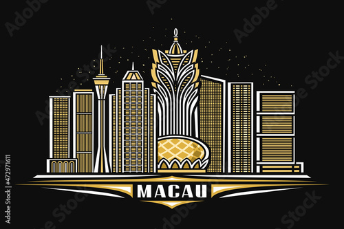Vector illustration of Macau, dark horizontal poster with linear design famous macau city scape on dusk starry sky background, asian urban line art concept with decorative letters for white word macau