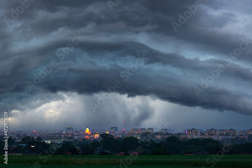 The storm over the city. Huge storm clouds over Lublin in Poland and torrential rain.
