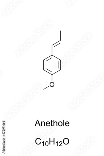 Anethole, chemical formula and structure. Trans-anethole, also known as anise camphor. Aromatic compound. Flavoring substance. Occurs naturally in anise, fennel, anis myrtle, liquorice and star anise. photo