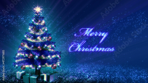 Christmas tree 3D blue illustration with Merry Christmas on right side. Also available as an animation - search for 197535235 in Videos.