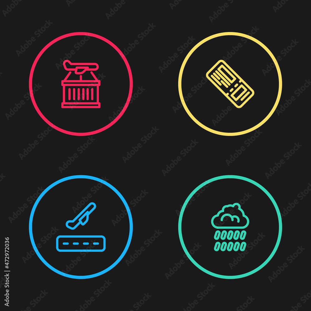Set line Plane takeoff, Cloud with rain, Airline ticket and icon. Vector