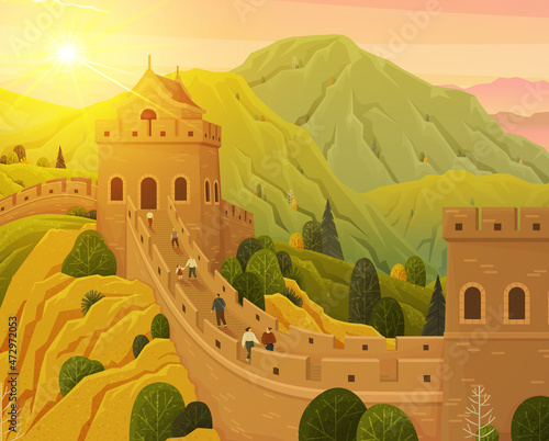 World famous landmark - Great Chinese Wall beautiful landscape, monumental giant structure. Chinese prominent sight with watchtowers and wall sections on green mountains for travel and tourism