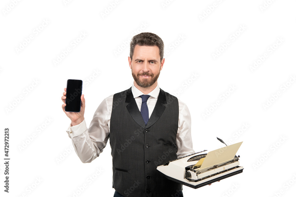 business expertise. man show smartphone and hold retro typewriter. ceo with smartphone. business expertise. man show smartphone and hold retro typewriter. ceo with smartphone.
