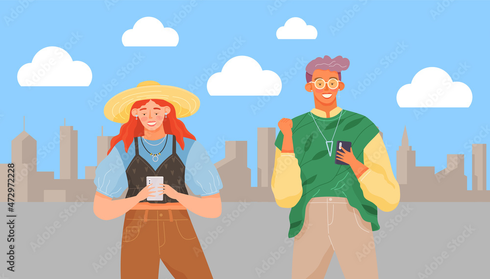 People using smartphones, gadget, mobile phone. People with cellular devices cartoon character. Mobile internet, social media. Taking selfie on smartphone. Modern communication technology