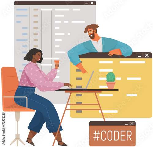 Programmer engineering and coding. Coder programmers working on web development on computer. Concept of script coding and programming in php, javascript, python, other languages. Software developers