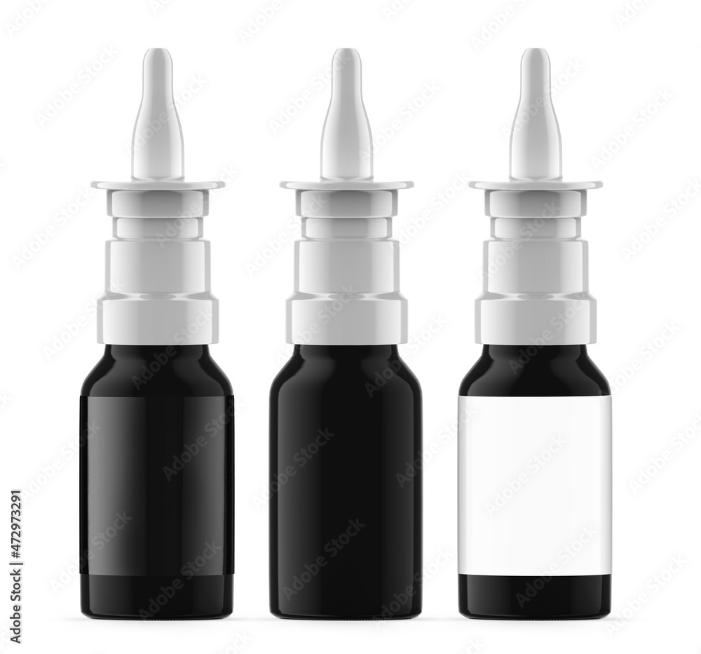 15 ml Black UV Glass Nasal Spray Bottles. Isolated 15 ml Black UV Glass Nasal Spray Bottles. Isolated
