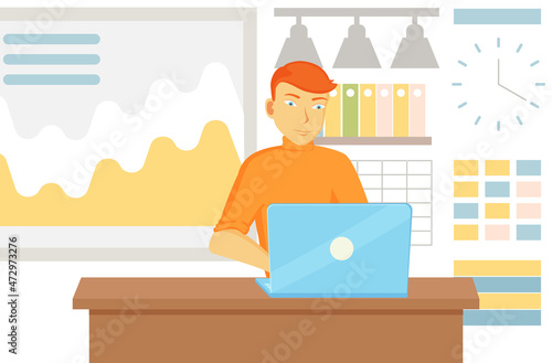 Working male character employee in office sitting at table with computer typing on keyboard communicating. Man freelancer sitting at home with laptop. Young clerk at desk with tablet pc doing his work
