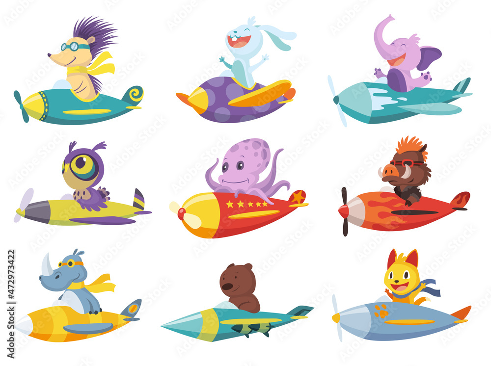 Set of cute baby animals cat, elephant, bear on airplanes. Collection of funny pilots lion, rhinoceros, owl octopus flying on planes. Cartoon  characters flying on retro transport