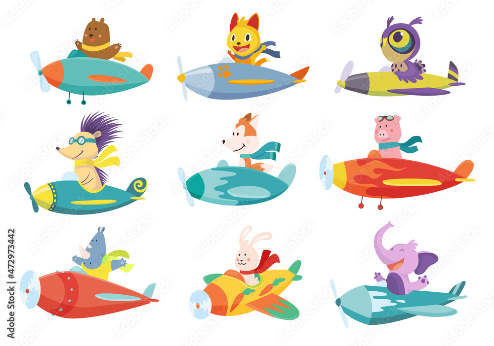 Set of cute baby animals cat, elephant, bear on airplanes. Collection of funny pilots fox, pig and owl flying on planes. Cartoon characters flying on retro transport Set of cute baby animals cat, elephant, bear on airplanes. Collection of funny pilots fox, pig and owl flying on planes. Cartoon characters flying on retro transport