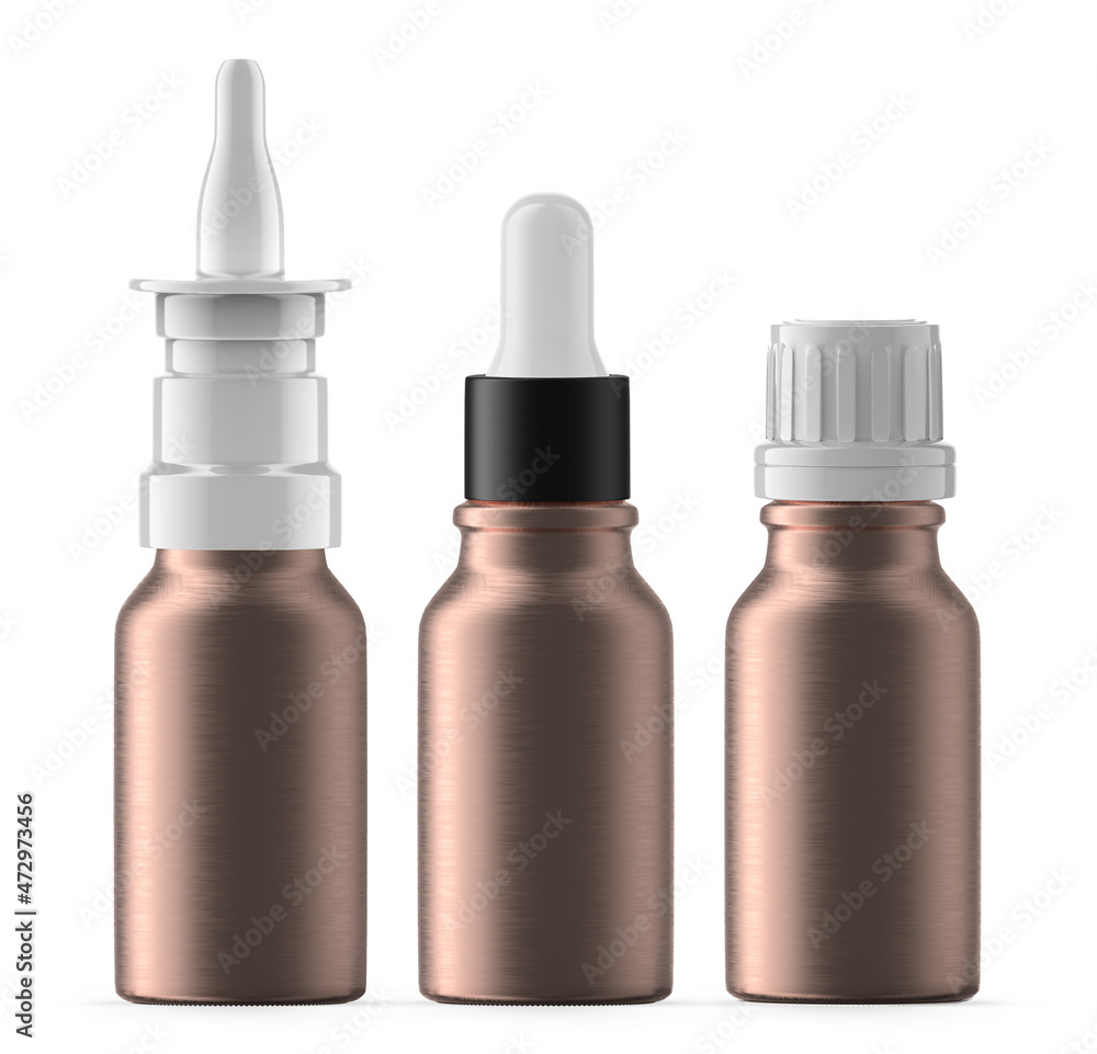 Set of 15 ml Rose Gold Glass Bottles. Nasal spray, Essential Oil and Dropper Bottle. Isolated Set of 15 ml Rose Gold Glass Bottles. Nasal spray, Essential Oil and Dropper Bottle. Isolated