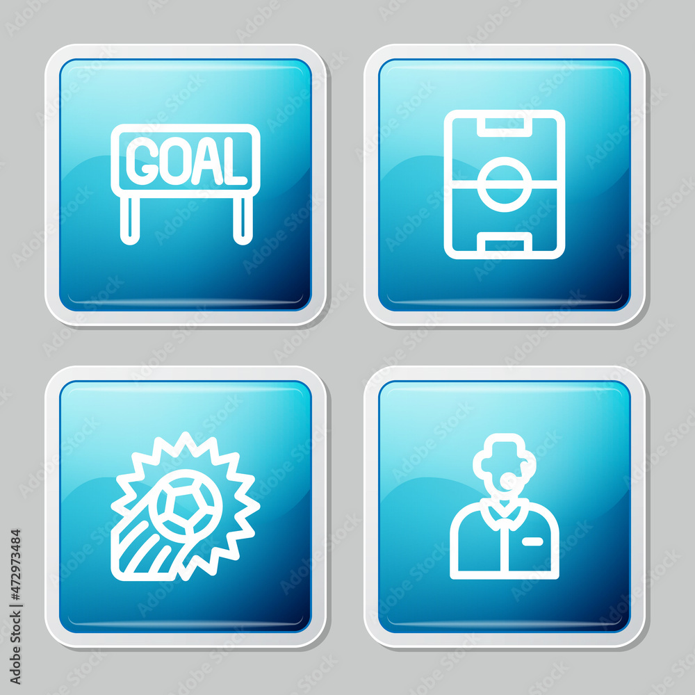 Set line Goal soccer football, Football field, Soccer and or commentator icon. Vector