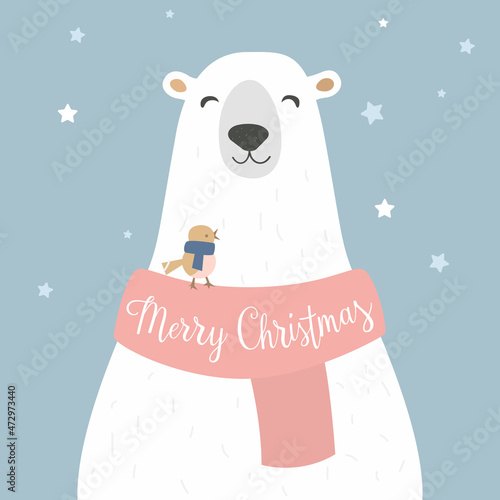 White northern bear in scarf with little bird with lettering Merry Christmas  greeting card 