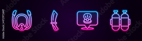 Set line Diving mask with snorkel, knife, Scallop sea shell and Aqualung. Glowing neon icon. Vector