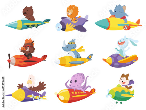 Set of cute baby animals lion, fox and eagle on airplanes. Collection of funny pilots pig, rabbit, elephant, bear and octopus flying on planes. Cartoon characters flying on retro transport