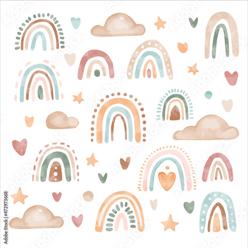Vector watercolor set of cute boho rainbows and clouds