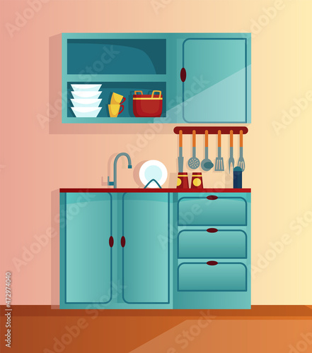 Kitchen interior cartoon illustration. Home cooking room with kitchen cabinets. Appliances for home