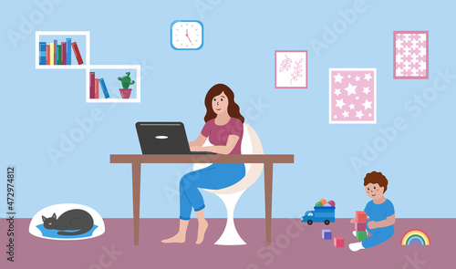 Mother works at home remotely with laptop. Baby toddler playing with toys on floor. Young woman working and sitting at table. Cat sleeping. Home interior. Vector flat illustration