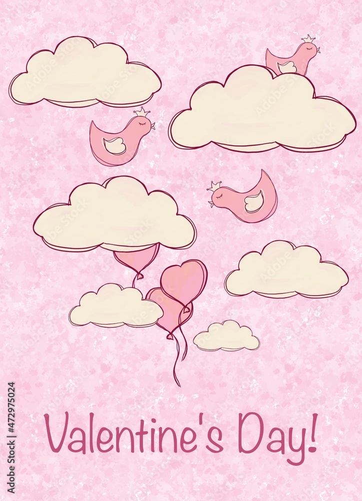A holiday card on the theme of Valentine's Day clouds and birds