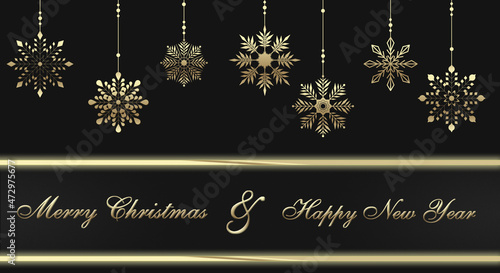 Graphite Christmas card, gradient dark background with golden snowflakes. Beautiful Christmas banner on a dark background with text. Merry Christmas, 2022.