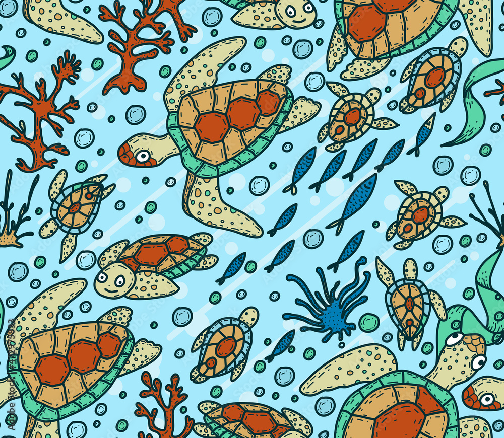 Bright multicolored seamless pattern with marine life, sea turtles, fish and corals. Vector illustration. Bright multicolored seamless pattern with marine life, sea turtles, fish and corals. Vector illustration.